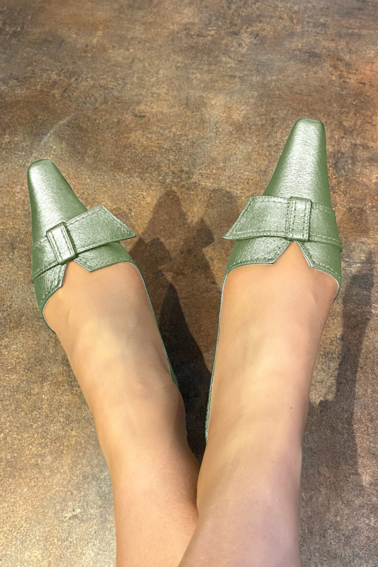 Mint green women's slingback shoes. Tapered toe. Medium spool heels. Worn view - Florence KOOIJMAN